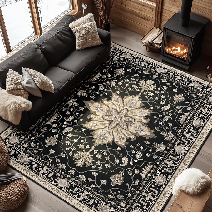 RELEANY Washable Area Rug, 6'x9', Black/Neutral | Non-Slip, Water Repellent, Pet Friendly, Easy to Clean, Vintage Floral Boho Decor for Living Room Bedroom Dining Room Office