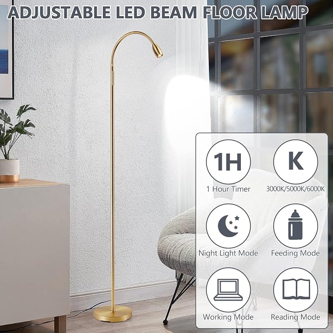 Reading Floor Lamp, 72" LED Dimmable Lamp with Gooseneck,Zoomable Spotlight | Adjustable Color Beam Standing Lamp, Touch & Remote Control, Task Craft, Sewing, Bedroom Living Room, Office, Antique Brass