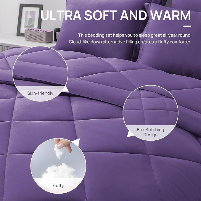Love's cabin Oversized Queen Comforter Set, 7 Pieces Bed in a Bag, All Season Bedding Sets with 1 Comforter, 1 Flat Sheet, 1 Fitted Sheet, 2 Pillowcase and 2 Pillow Sham, Purple