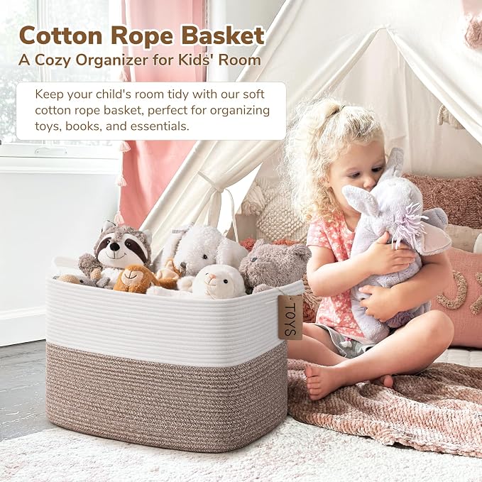 Goodpick 50L Large Woven Rope Storage Basket, Rectangle, Brown | 18" × 14" × 12" Decorative Gift Basket for Living Room & Nursery Organization, Fits Blankets, Toys & Clothes Storage