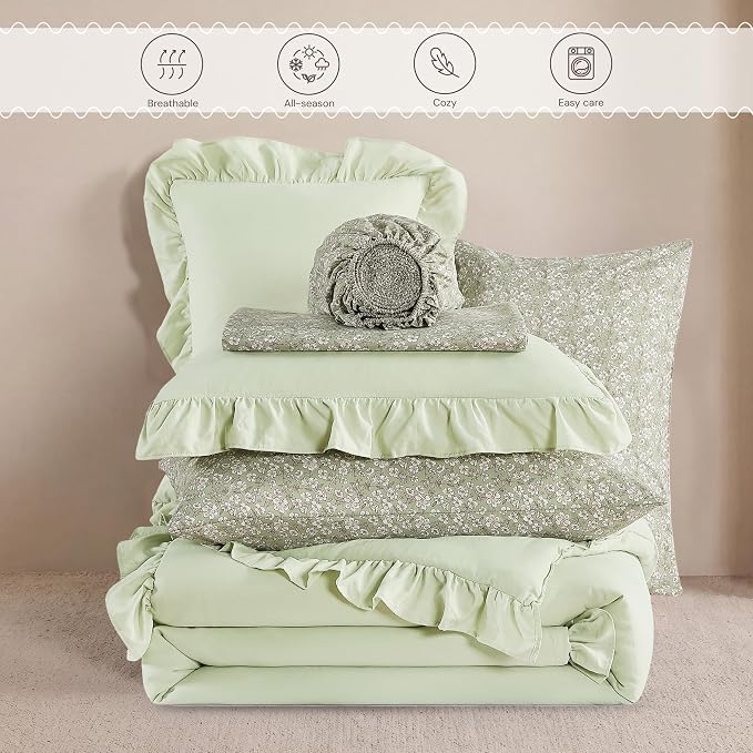 Full Size Comforter Sets-7 Pieces Ruffle Bedding Floral Sheet | Tint Green Bed in a Bag, Soft Lightweight All Season Farmhouse Full Size Bedding Sets with Floral Sheets, Pillowcases & Shams
