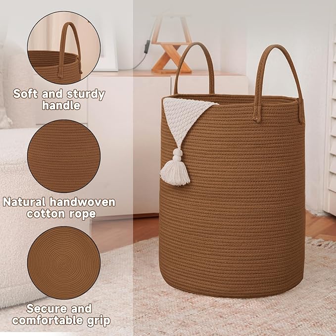 JMvicyroam 80L Cotton Rope Laundry Basket Hamper, Golden Jute | Collapsible laundry basket, reinforced handles, freestanding, machine washable, holds 3-5 thick blankets, clothes or toys