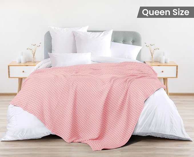 Utopia Bedding 100% Cotton Waffle Blanket Queen Size Pink, 90x90 Inch | Lightweight Breathable Cozy Summer Bed Blanket Home Decor Gift for Women and Men