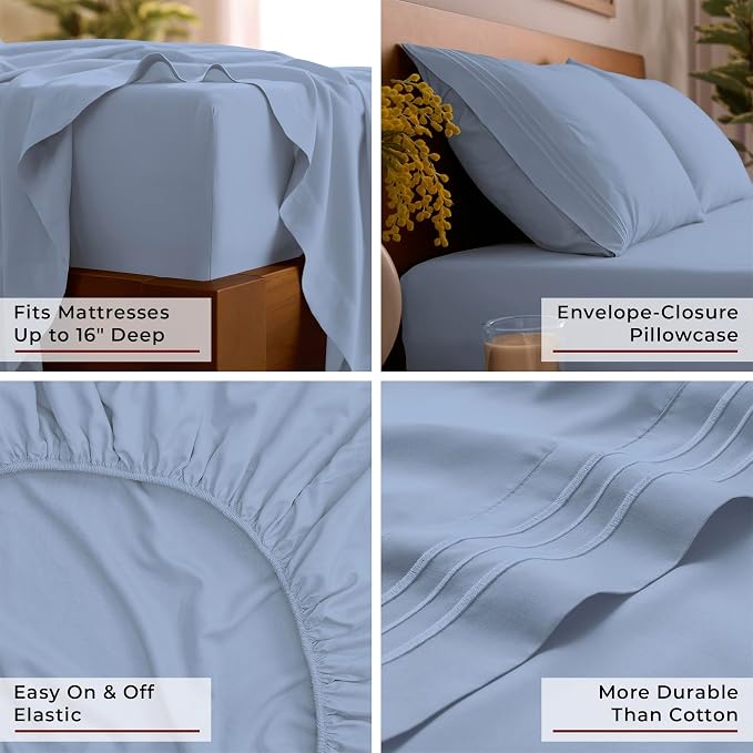 Mellanni Iconic 3-Piece, Ultra Soft Sheet Set (Twin, Sky Blue) | 10M+ Sleepers. Lab-tested: Sleeps Cool, Stays Bright, Strong, Smooth. Good Housekeeping Best Bedding, 7 yrs running.