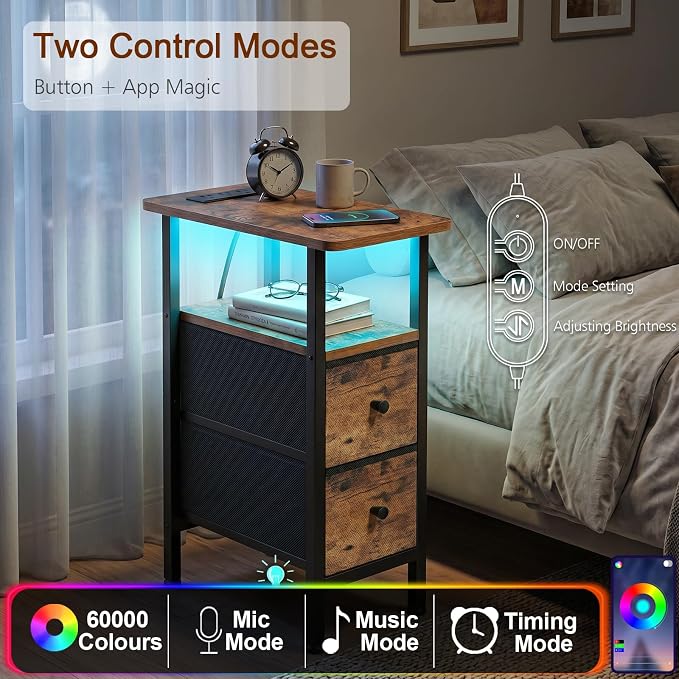 LOAKEKEL Narrow End Table with Charging Station, Small Nightstand | Skinny Side Tables Living Room with 2 Fabric Drawers, Bedside Table with LED Lights for Bedroom, Small Spaces, Rustic Brown
