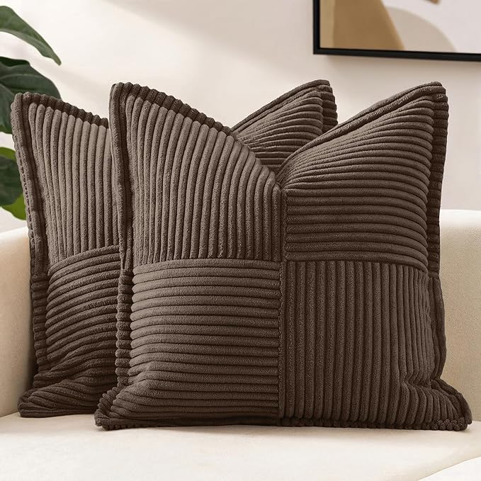 MIULEE Decorative Throw Pillow Covers for Couch 18x18 Inch Dark Brown | 2 Pack, Boho Broadside Striped Patchwork Pillow Covers, Soft Corduroy Cushion Cases, For Sofa Bed Livingroom Home Decor