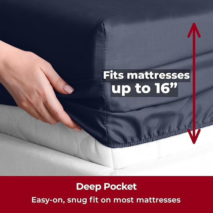 Mellanni Iconic 5-Piece, Ultra Soft Sheet Set (Split King, Navy Blue) | 10M+ Sleepers. Lab-tested: Sleeps Cool, Stays Bright, Strong, Smooth. Good Housekeeping Best Bedding, 7 yrs running.
