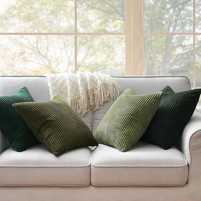 Topfinel Christmas Decorative Throw Pillow Covers Green Series,Winter Fluffy Corduroy Striped Euro Pillows Shams for Couch Bed Bedroom,Western Modern Hunter Green Pillowcase 20x20 Inch Set of 4