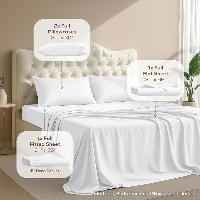 Full Sheets Set, 4 Pieces 16" Deep Pocket Hotel Luxury Bed Sheets, White | Extra Soft Bedsheet Set, Comfy & Breathable Cooling Sheets, Wrinkle & Fade Resistant, Fitted Sheet, Flat Sheet, 2 Pillowcases
