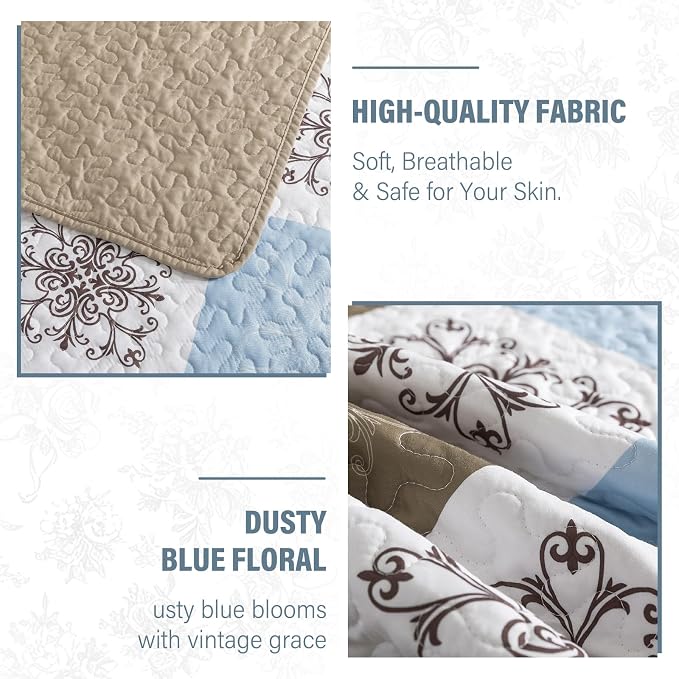 Quilt Set King Size, Bedspread Sets Dusty Blue Floral, Quilt Bedding Set Lightweight and Breathable for All Seasons, Soft Quilted Bedspread with 2 Pillow Shams