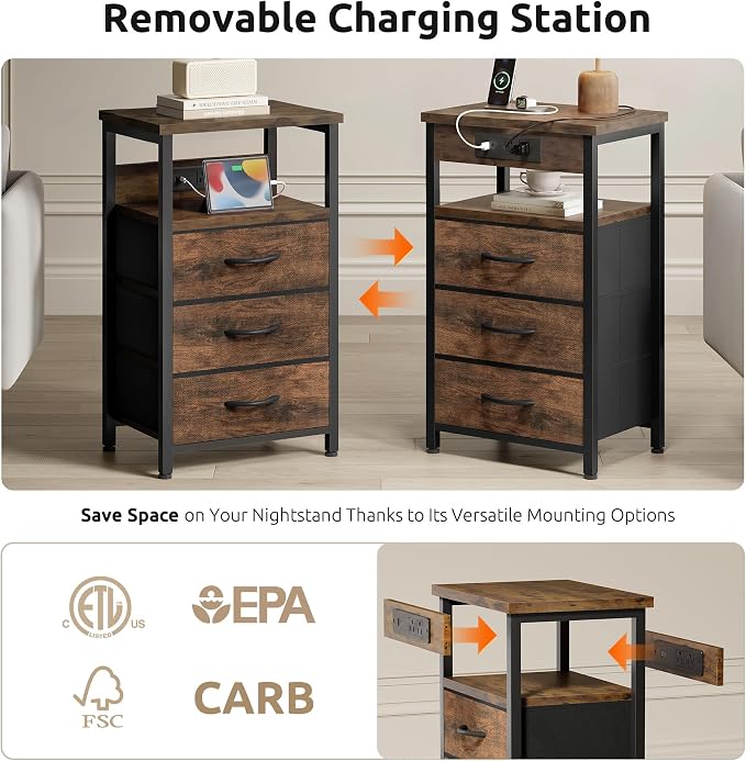 Lazzanto Night Stand with Charger Station, 3 Fabric Drawers, Brown | Nightstand, Bedside Table, Open Shelf, Built in USB-A, USB-C Port & AC Outlets, For Bedroom, Dorm, Living Room