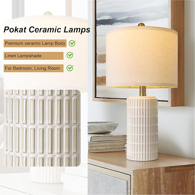 PoKat 20.75" Small Modern Ceramic Table Lamps Set of 2 for Bedroom, White | Bedside Lamps for Nightstands, Farmhouse Home Decor, End Table & Desk Light, Ideal Housewarming New Home Gift for Women Mom