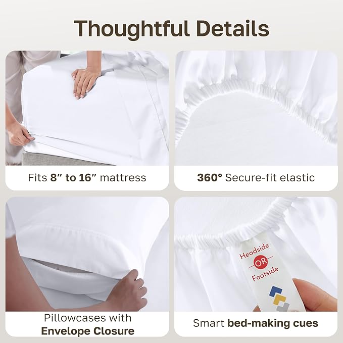 California Design Den 100% Cotton Sateen Queen Bedding Sheets Set, White | 6 Pcs with 4 Pillowcases, 400 Thread Count Backed by Good Housekeeping Seal, 16" Deep Pocket, All-Around Elastic, Durable