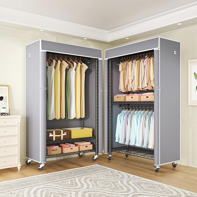 FUTASSI Black Clothing Rack with Grey Cover, P1C Rolling Closets | Metal Garment Rack for Hanging Clothes, Clothing Storage Wardrobe, with Wheels