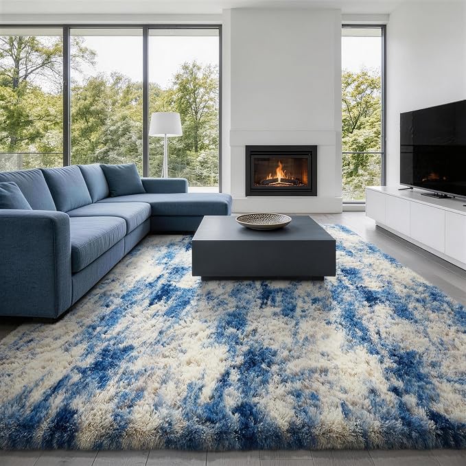 Ophanie 9x12 Blue and Gray Area Rugs for Living Room,Large Navy Grey White Fluffy Shag Fuzzy Plush Soft Carpets,Floor Shaggy Rugs for Bedroom,Carpet for Kids Dorm Decor with Over 99 pcs Pile fibers