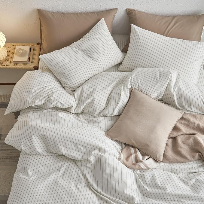 MooMee Striped Duvet Cover Set 100% Washed Cotton Linen Like | Relaxed Linen-like Texture. Soft, Breathable & Long-lasting Comfort. Lightweight. Hidden Zipper with 8 Interior Corner Ties