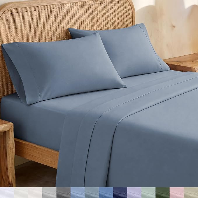 California Design Den 100% Organic Cotton Queen Bed Sheets, Blue Hydrangea | GOTS Certified, Lightweight Crisp & Airy Percale For Hot Sleepers, 15" Deep Pocket Set, All-around Elastic, Easy Care