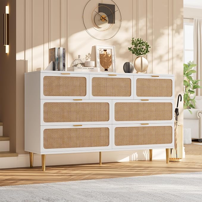 GarveeHome Rattan 7 Drawer Dressers for Bedroom, Deep Drawer, White | Tall Dresser, Wide Top, for Living Room, Hallway, Kids Room, Large Chest of Drawers for Closet, Long Wooden Dresser