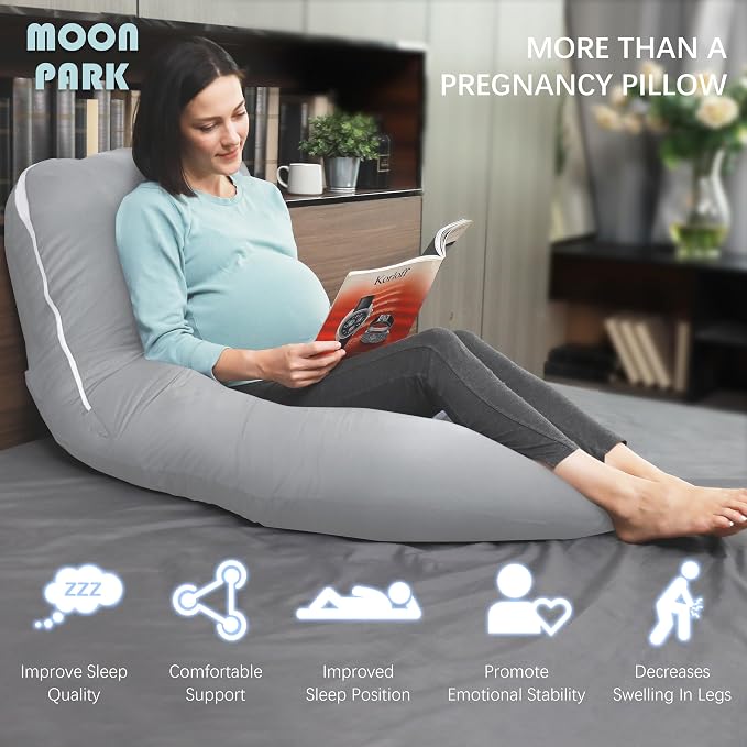 MOON PARK Pregnancy Pillows for Sleeping - U Shaped Full Body Maternity Pillow with Removable Cover - Support for Back, Legs, Belly, Hips - 57 Inch - Light Grey - Cooling Cover