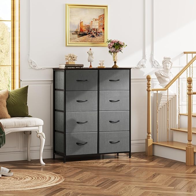 WLIVE Fabric Dresser for Bedroom, Tall Dresser with 8 Drawers, Storage Tower with Fabric Bins, Double Dressers, Chest of Drawers for Closet, Living Room, Hallway, Dark Gray | 8-drawer tall storage tower with fabric bins and wood tabletop, breathable no...