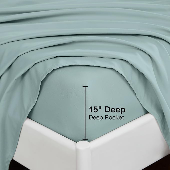 Softan Microfiber Queen Sheet Set with Non-Slip Corner Straps, Dusty Blue | 15" Deep Pocket Fitted Bed Sheets, Double Brushed Microfiber, Cozy Sheets & Pillowcase for All Season