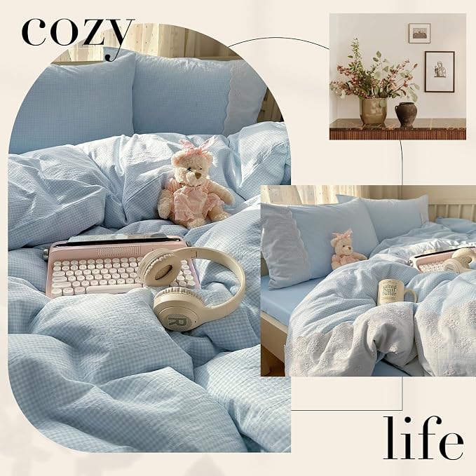 mixinni Blue Gingham Duvet Cover Queen Size - 3 Piece Cottagecore Plaid Bedding Set with Lace Trim, Soft Washed Microfiber Vintage Aesthetic Grid Comforter Cover & Pillow Shams, (Blue White Gingham)