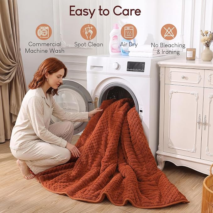 Cottonblue Sherpa Fleece Weighted Blanket 15 lbs for Adults Queen Size Soft | Fuzzy Jacquard Heavy Blankets Throw 60"x80" for Sleep Calm Relax, Cozy Warm Knitted Heavy Blanket for Bed Sofa,Burnt Orange
