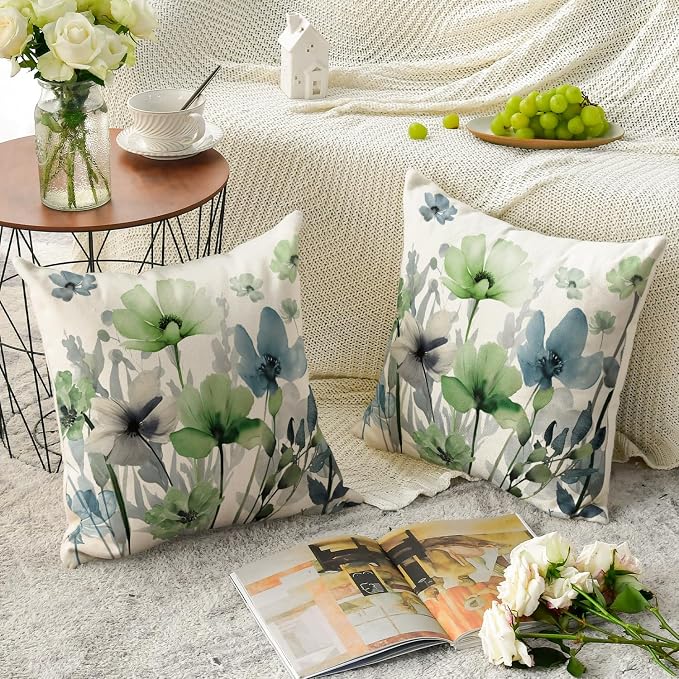 AVOIN colorlife Chinoiserie Poppy Flowers Pillow Covers 18x18 Inch Set of 2 | Blue Sage Green Seasonal Leaves Cushion Case Decoration for Sofa Couch