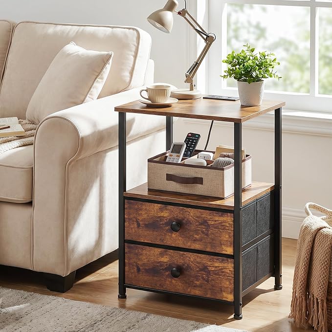Nightstands Set of 2, Night Stand with Charging Station | Bedside Table with 2 Fabric Drawers for Bedroom, End Tables with Storage Shelf for Small Spaces, Rustic Brown