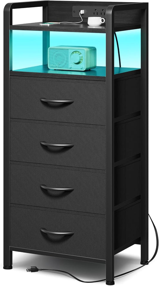 Lazzanto Nightstand with Rear Charging Station, LED Light, 4 Drawers, Black | Industrial Nightstand, 2 USB-A Ports & AC Outlets, Raised Back Guard, Fabric Storage Drawers, Bedside Table for Bedroom, Dorm