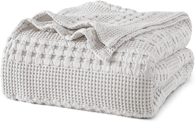 PHF Lightweight 100% Cotton Waffle Blanket for Bed, Queen, Light Grey | Pre-Washed Soft Cotton Comfort, Breathable Layering Warmth for Fall & Winter, Bed, Sofa, Couch, Home Decor & Gifts