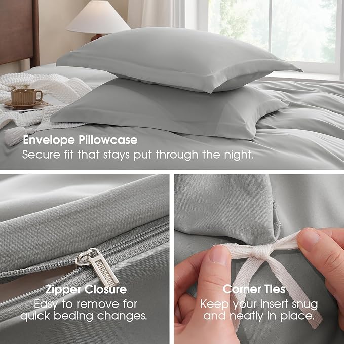 FreshCulture Duvet Cover Queen Size - 3 Pieces Microfiber Duvet Cover Set with Zipper Closure - Lightweight & Easy Care - 1 Comforter Cover & 2 Pillow Shams - Comforter Not Included (Light Grey)