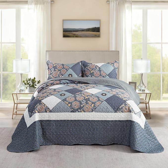 Quilt Set King Size, Bedspread Sets Delicate Square Floral, Quilt Bedding Set Lightweight and Breathable for All Seasons, Soft Quilted Bedspread with 2 Pillow Shams