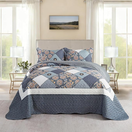 Quilt Set King Size, Bedspread Sets Delicate Square Floral, Quilt Bedding Set Lightweight and Breathable for All Seasons, Soft Quilted Bedspread with 2 Pillow Shams
