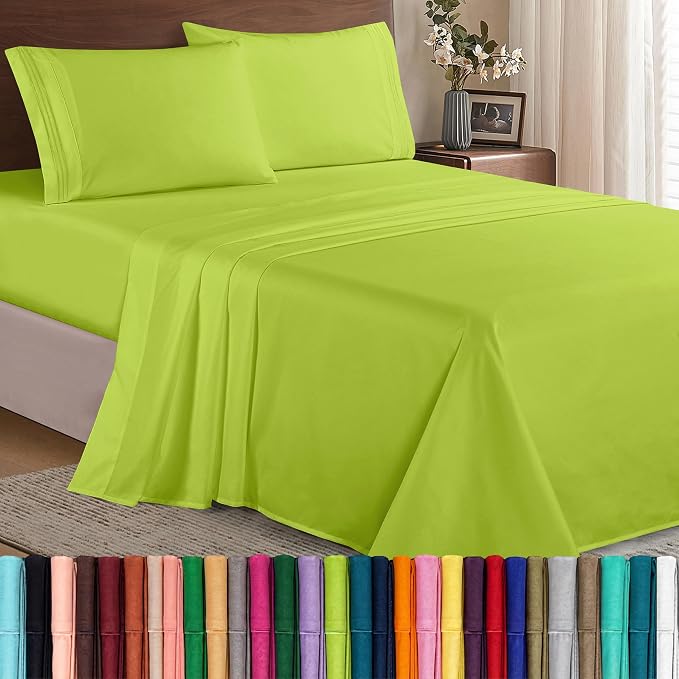 Elegant Comfort Luxury 1500 Premium Hotel Quality Microfiber 4-Piece Sheet Set - Wrinkle Resistant, All Around Elastic Fitted Sheet, Deep Pocket up to 16", California King, Lime