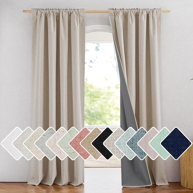 NICETOWN 100% Blackout Linen Curtains 108 inch Long 2 Panels, Natural | Rod Pock Thermal Insulated Long Drapes Noise Reducing, Privacy Protection Window Draperies for Master Bedroom, W52" x L108"