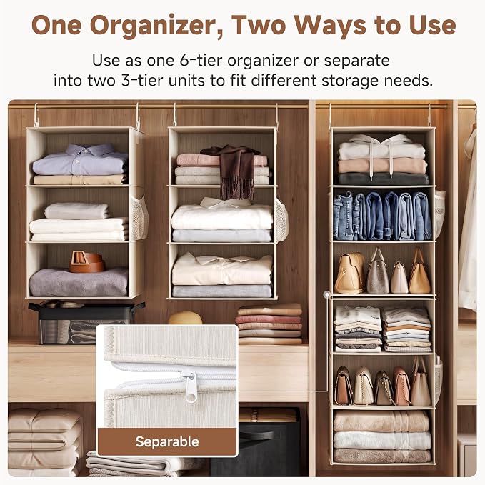 StorageWorks Hanging Closet Organizer, 6-Shelf with 2-in-1 Design, Ivory | Maximize Closet Space with Reinforced Shelves, Small Closet Storage Solution for Bedrooms, Dorms and RVs, Jumbo