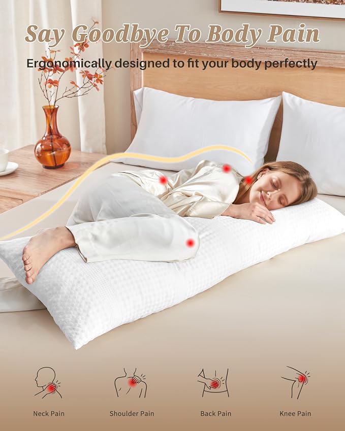 YZ HOME Waffle Weave Body Pillow for Adults, Memory Foam Insert | Long Pillow with Removable Pillowcase, Firm and Fluffy, Large Bed Pillows for Side Sleepers, Washable, 20x54 Inch, White