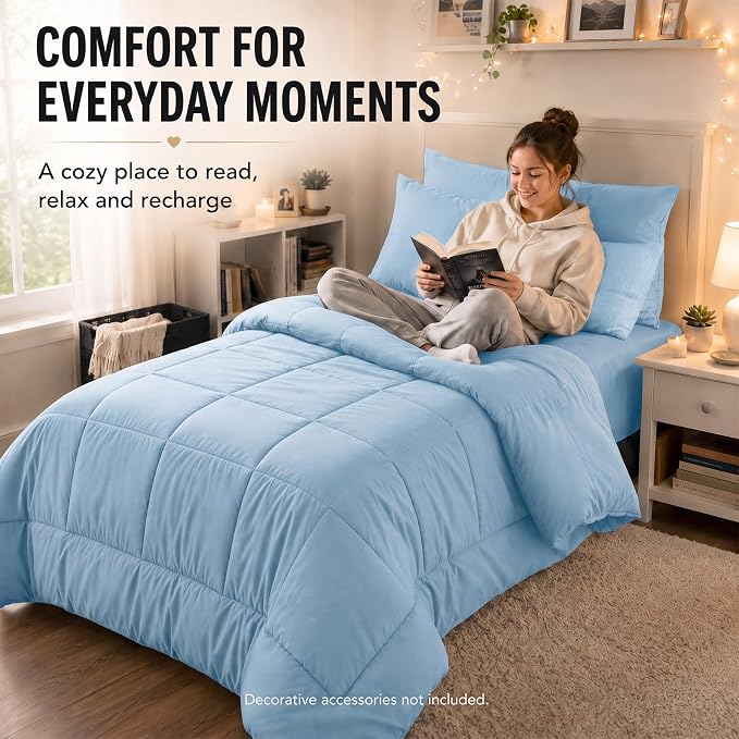Twin XL Comforter Set Baby Blue - 5 Pieces Twin XL Bed in a Bag | College Dorm Essentials, OEKO-TEX Certified, All Season, Down-Alternative Comforter + Flat & Fitted Sheets + 2 Pillowcases