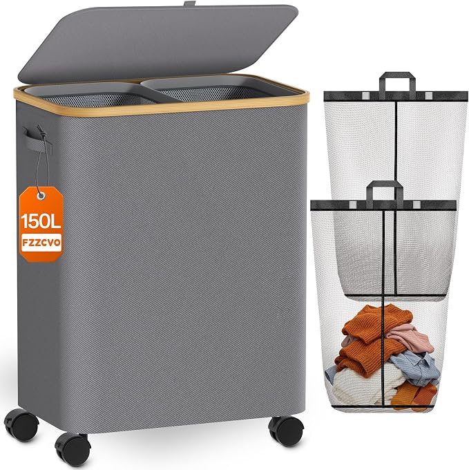 Double Laundry Basket with Wheels and Lid, 150L Clothes Hampers for Laundry | Large Laundry Hamper with 2 Sections & Removable Liner Bags, Rolling Dirty Clothes Basket for Bedroom Bathroom Dorm College