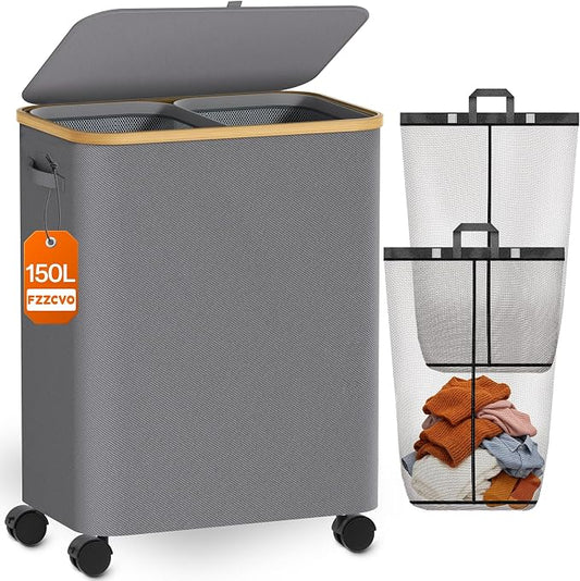 Double Laundry Basket with Wheels and Lid, 150L Clothes Hampers for Laundry | Large Laundry Hamper with 2 Sections & Removable Liner Bags, Rolling Dirty Clothes Basket for Bedroom Bathroom Dorm College