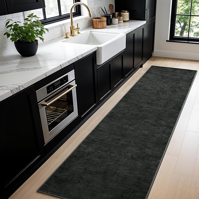 2.7x6 Washable Area Rug, Black Solid Area Rugs for Living Room & Bedroom | Stain-resistant & Non-slip backing,Low Pile Washable Large Carpet, Solid Vintage Style For High Traffic Areas(2.7x6,Black)