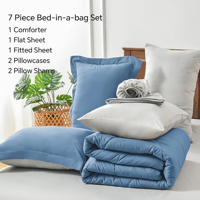 BEDELITE Full Comforter Set 7 Pieces, Reversible Blue Bed in A Bag | Soft All Season Down-Alternative Comforter, Sheets, Pillowcases & Shams, OEKO-TEX Certified Bedding for Bedrrom, Guest Room