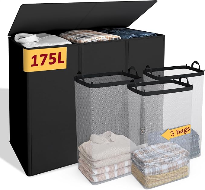 175L Laundry Hamper 3 Section,Large Laundry Hamper with Lid,Dirty Clothes Hamper with 3 Inner Bags,Collapsible Laundry Basket Organizer for Laundry Room,Bedroom,Laundry Sorter Hamper 3 Compartment