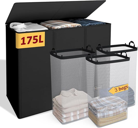 175L Laundry Hamper 3 Section,Large Laundry Hamper with Lid,Dirty Clothes Hamper with 3 Inner Bags,Collapsible Laundry Basket Organizer for Laundry Room,Bedroom,Laundry Sorter Hamper 3 Compartment