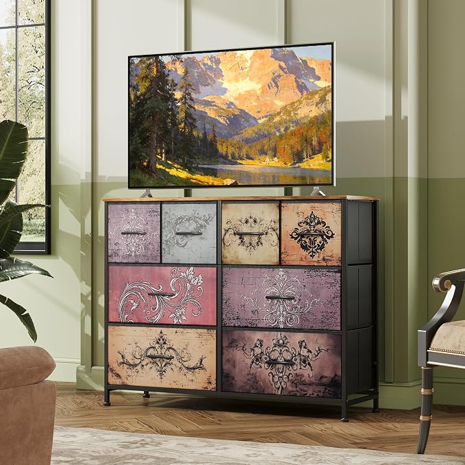 WLIVE Wide Dresser for Bedroom, 8 Drawer Chest of Drawers, Pattern | 8 roomy fabric drawers, Wide storage design, Bedroom or closet use, Sturdy steel frame, Smooth wood tabletop