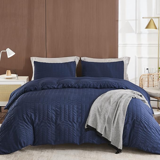 AveLom Navy Blue Duvet Cover King (104 x 90 inches), 3 Pieces (1 Duvet Cover + 2 Pillow Cases), Seersucker Textured Ultra Soft Washed Microfiber, Textured Duvet Cover with Zipper Closure, Corner Ties