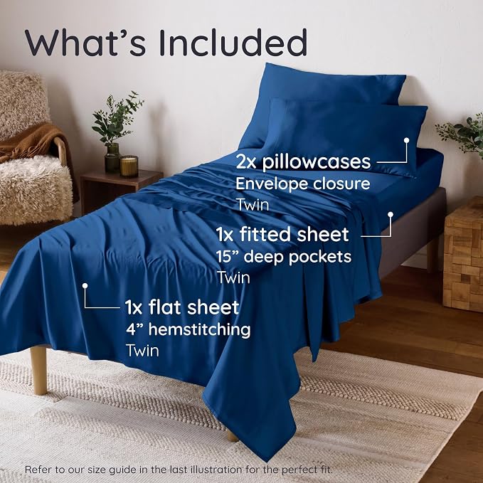 Bambaw Twin Sheets Set – 4-Piece 100% Viscose Derived from Bamboo Sheet Set, Cooling, Silky Soft & Breathable, Moisture Wicking, Deep Pocket Fits Up to 15" Mattresses (Navy Blue)