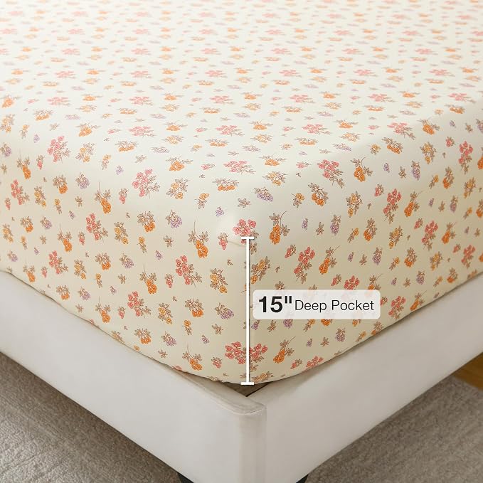Viviland Floral King Sheet Set - 4 Piece Vintage Lavender Flower and Leaves Patterned Bed Sheets - Soft, Breathable Microfiber Sheets with Deep Pocket, Non-Slip Fitted Sheets & Pillowcases