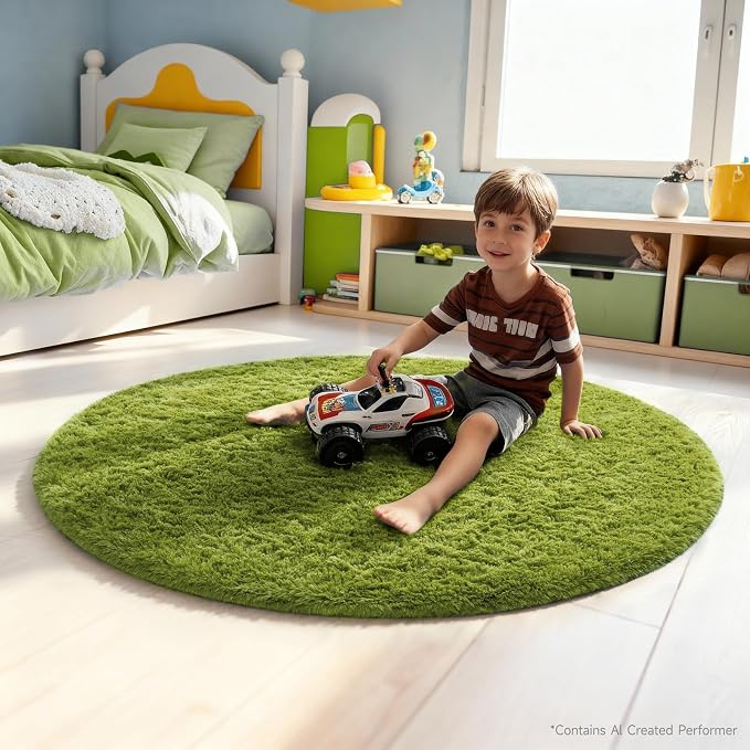 Ophanie Round Rug 4Ft Green Circle Area Rug, Green Room Decor, Fluffy Fuzzy Bedroom Carpet, Plush Soft Shaggy Living Room Rugs for Kids Home Decor Aesthetic, Nursery with 99 pcs Pile fibers